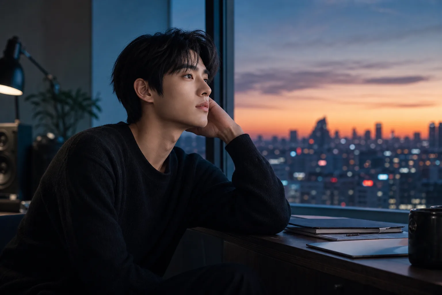 Quiet studio and city lights representing Winwin's next career chapter in China