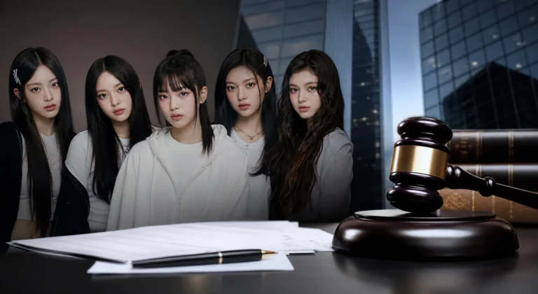 Editorial image representing NewJeans and HYBE copyright lawsuit over ETA