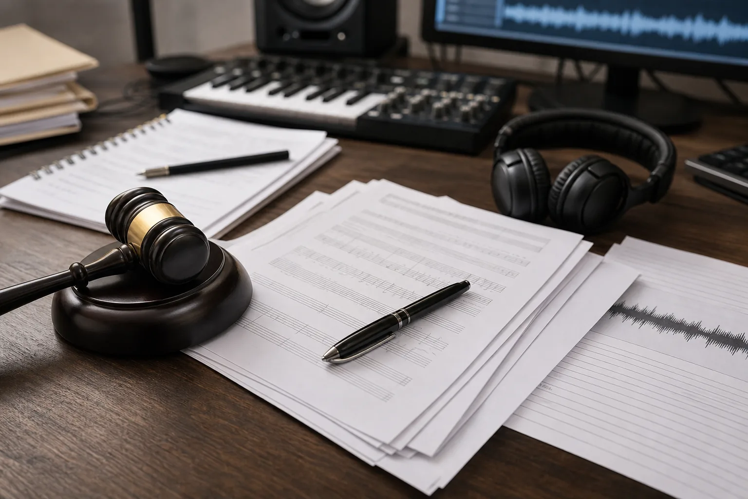 Music copyright lawsuit documents and studio equipment representing the NewJeans ETA case