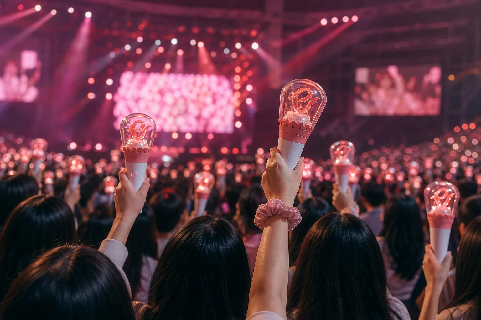 K-pop concert audience holding glowing light sticks during a fan event
