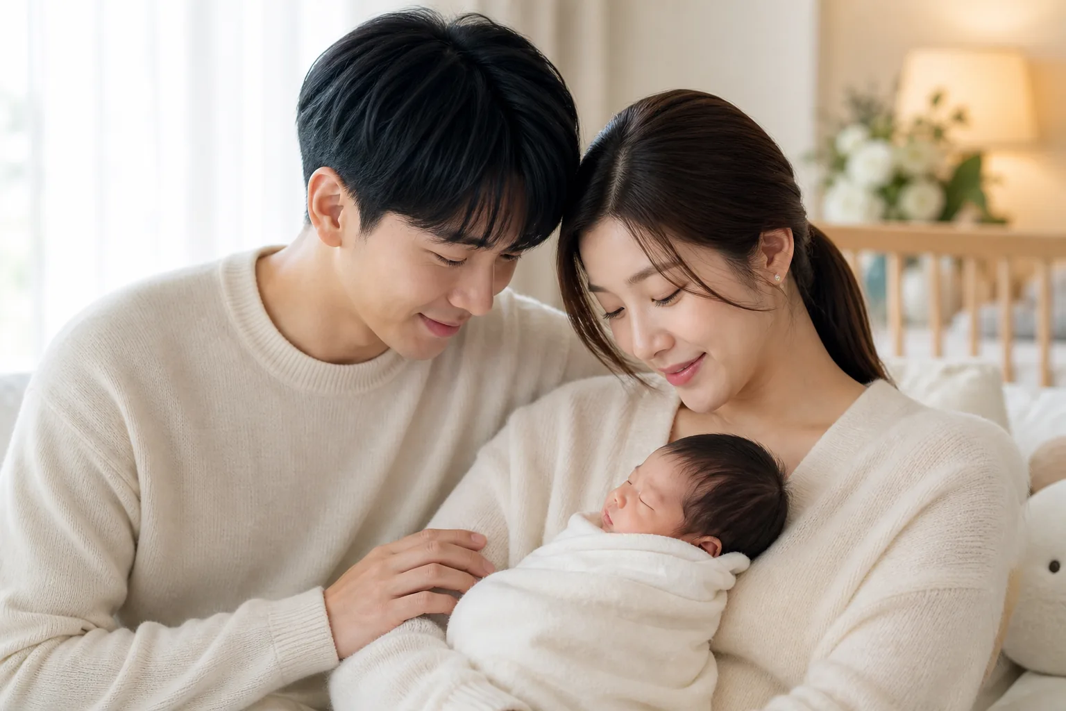 Korean celebrity family announcement with newborn baby boy theme
