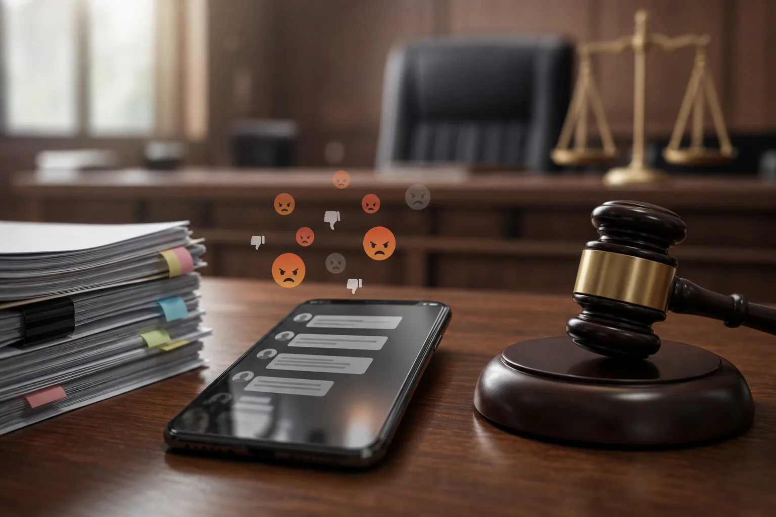 AI editorial image of a K-pop controversy moving from social media to legal proceedings