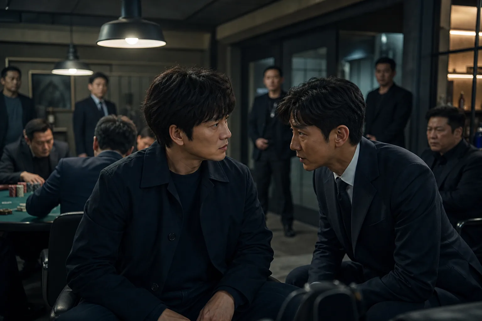 Korean drama character entering an apartment residents meeting for a hidden money scheme