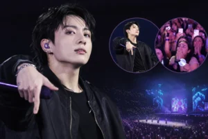 Editorial image of a K-pop concert stage inspired by BTS Jungkook's viral MIC Drop moment in London