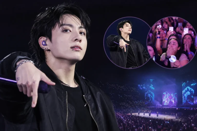 Editorial image of a K-pop concert stage inspired by BTS Jungkook's viral MIC Drop moment in London