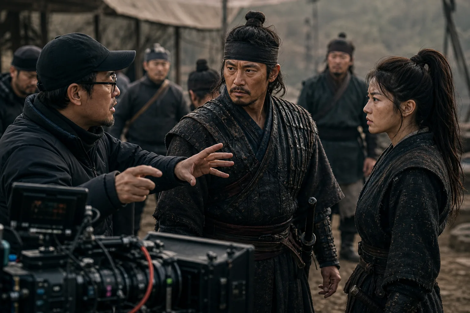 Historical Korean film production scene with dramatic action atmosphere