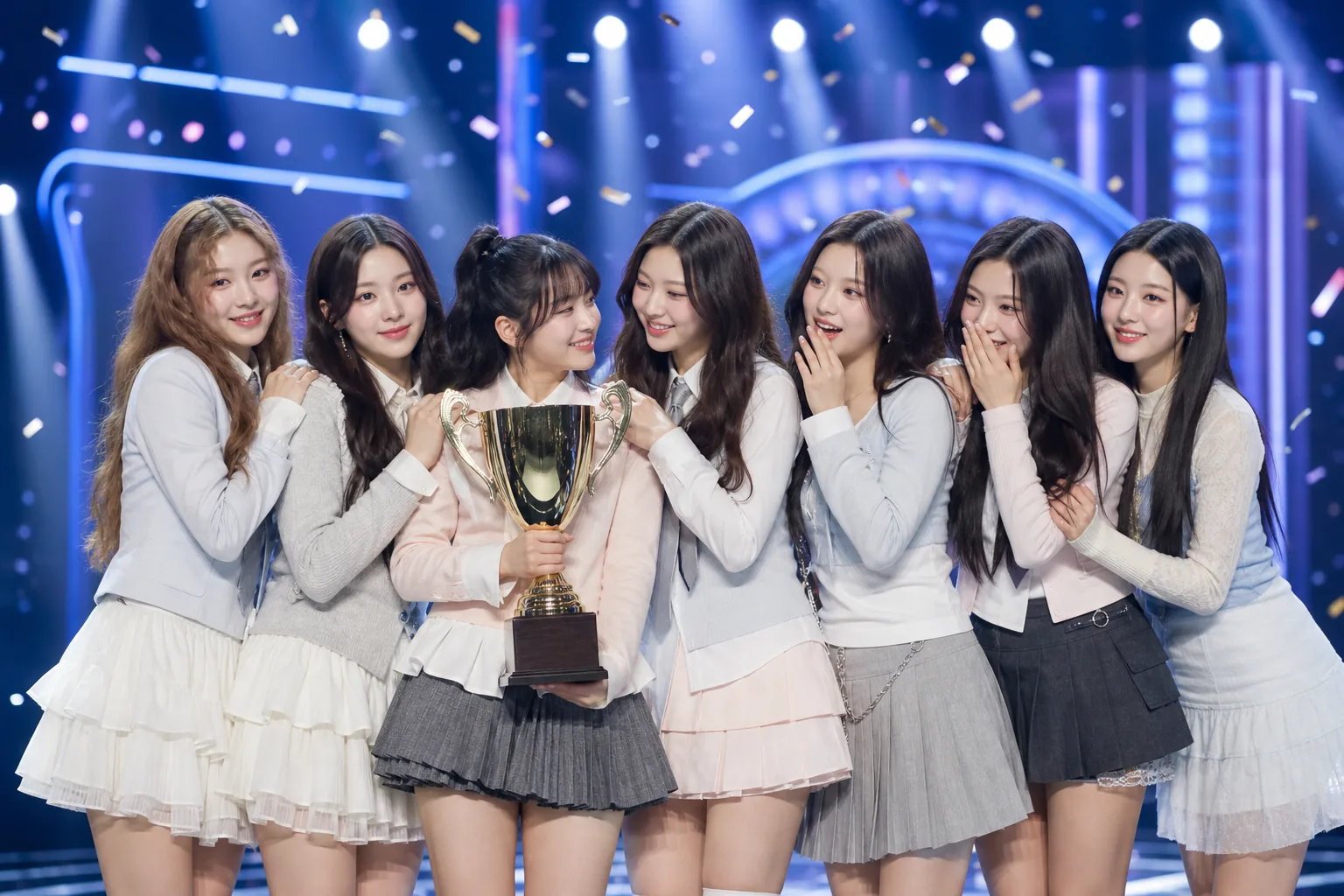 K-pop group celebration after a music show win