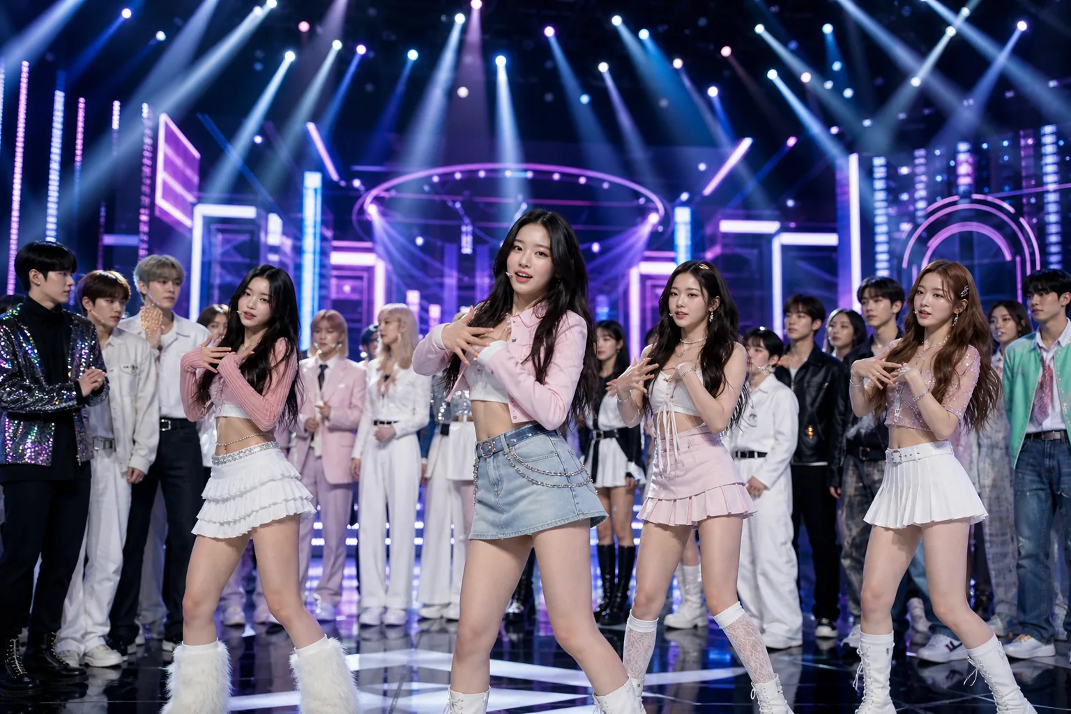 K-pop music show stage with multiple artists performing