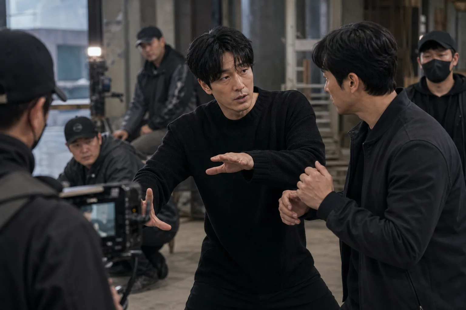 Action drama rehearsal with performers coordinating timing and movement on set