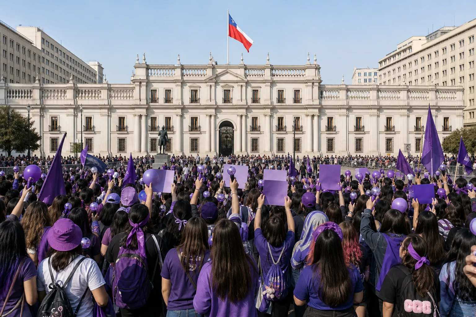 Fans in purple gather peacefully near a city landmark for BTS Chile concerts