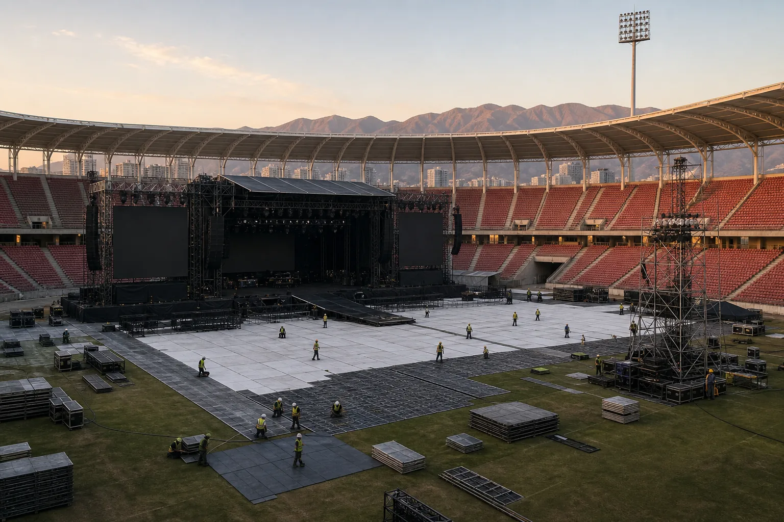 Concert stage planning with stadium field protection for a major K-pop tour