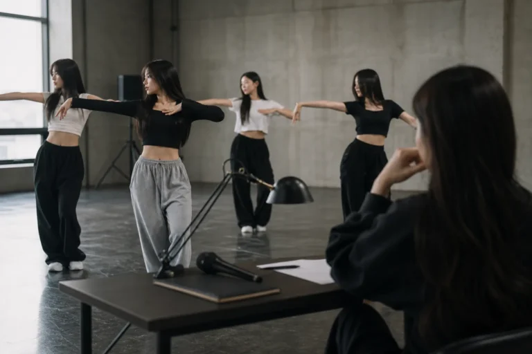K-pop trainees in a modern rehearsal studio for Antenna girl group debut news