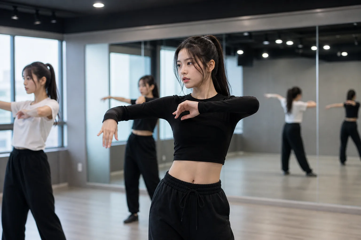 A K-pop trainee practicing in a rehearsal studio as Antenna prepares a girl group