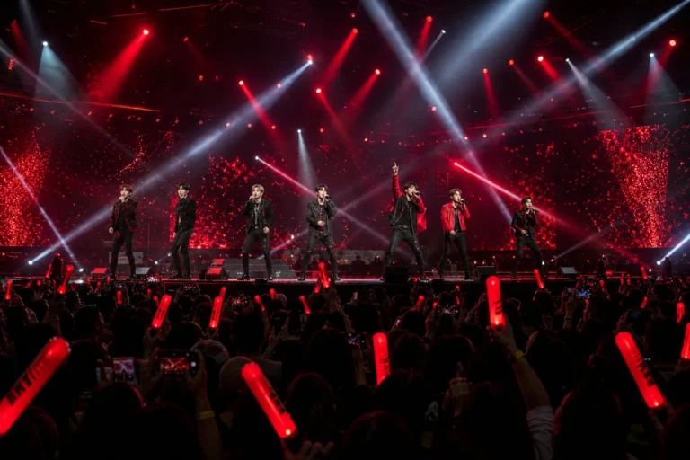K-pop concert stage with red lights symbolizing iKON's FOUREVER Manila performance