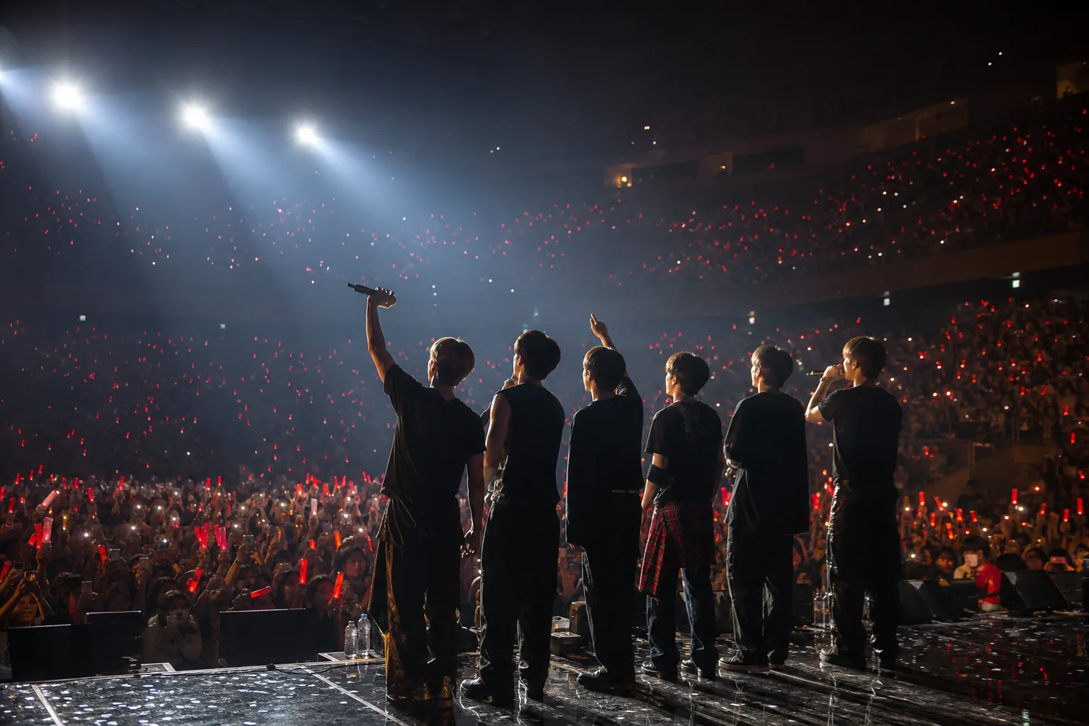 Emotional K-pop concert encore moment with performers facing a cheering crowd