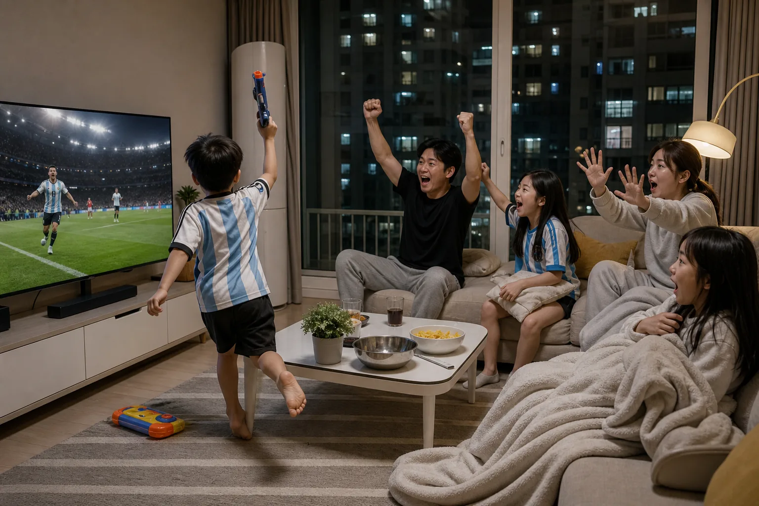 Apartment living room scene representing dawn World Cup cheering and neighbor noise concerns