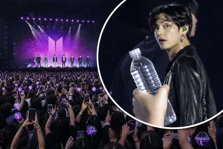 Concert crowd holding light sticks as BTS fan boundary debate trends online