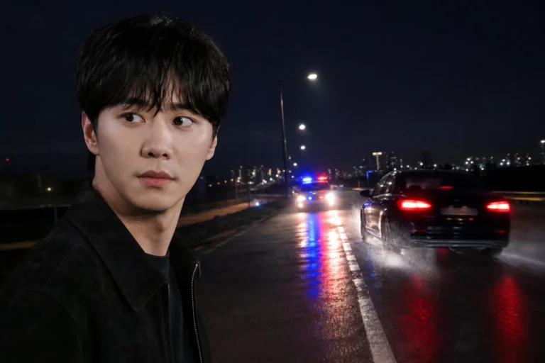 Lee Jun Young drunk driving pursuit story illustrated with a night road scene
