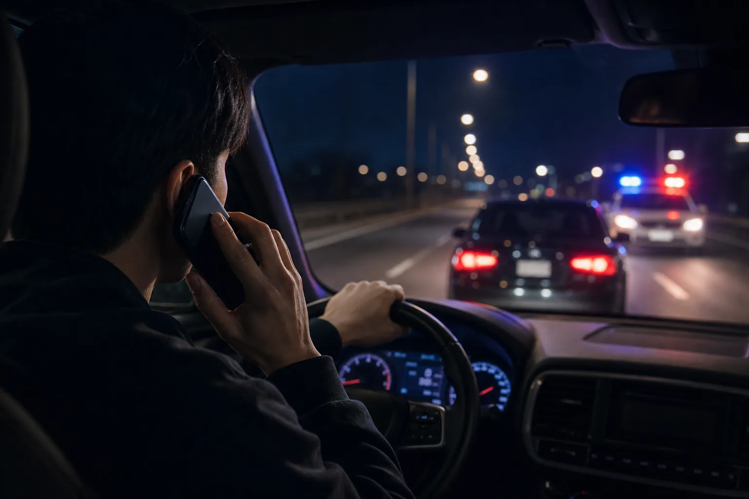 Night road and police response illustrating Lee Jun Young suspected drunk driver pursuit