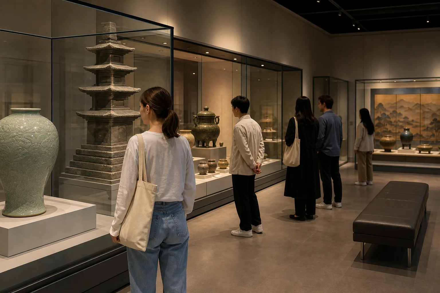 Visitors exploring Korean artifacts in a museum gallery inspired by BTS ARIRANG
