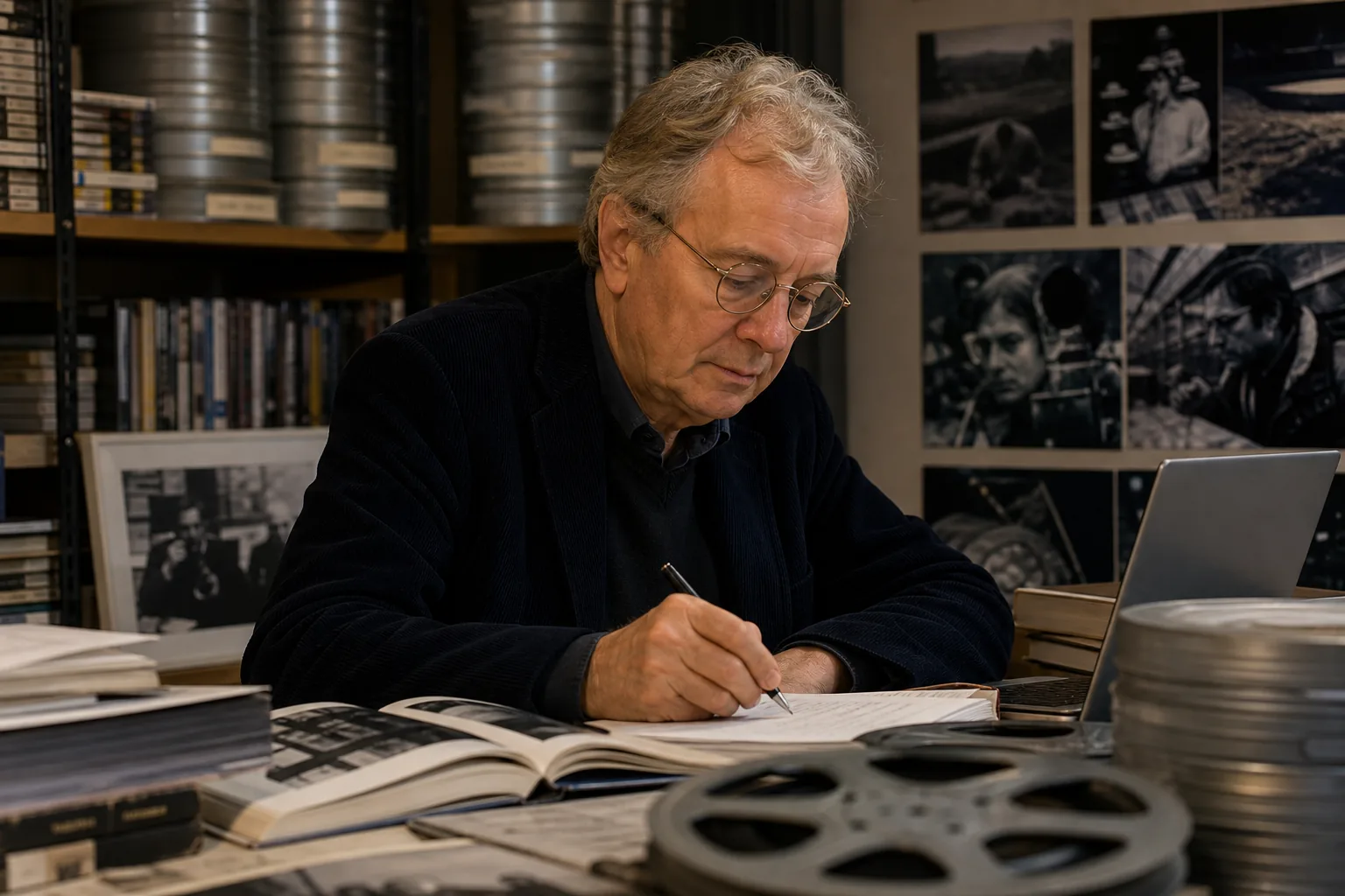 Film critic studying Korean and East Asian cinema in an archive screening room
