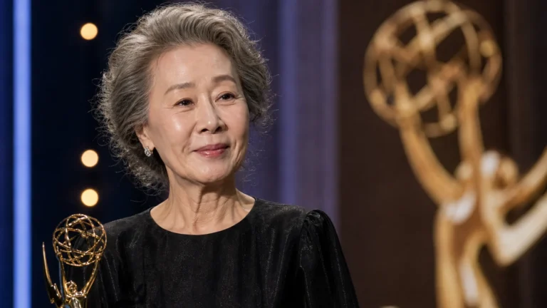 Elegant awards stage representing Youn Yuh-jung Emmy nomination for Beef Season 2