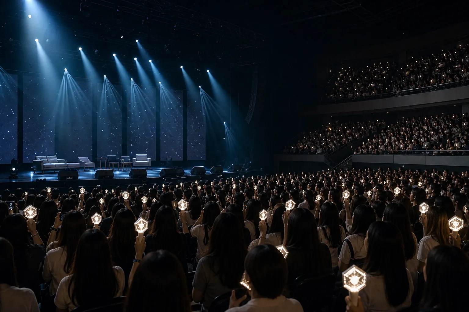 Fans holding light sticks at a K-pop fan meeting