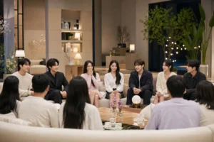 Korean dating reality show contestants gather in a modern studio setting