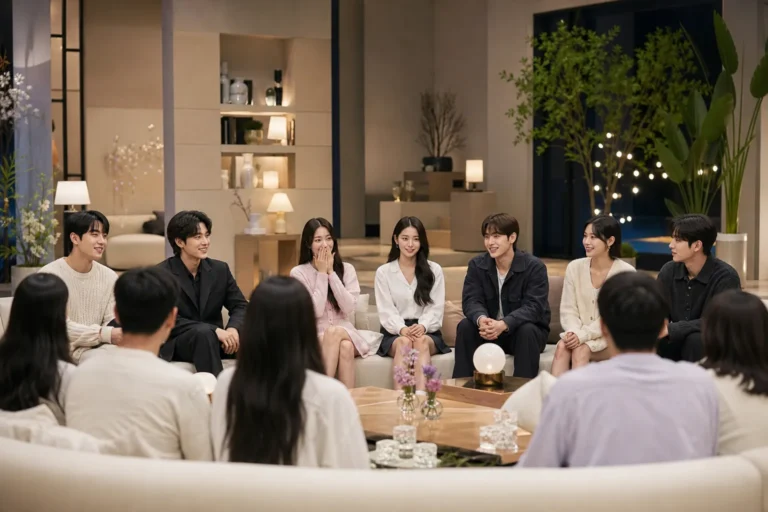 Korean dating reality show contestants gather in a modern studio setting