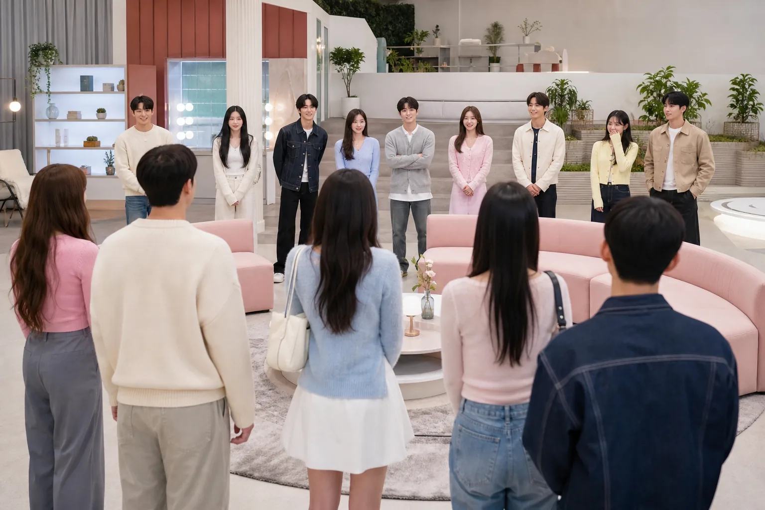 Contestants meet for the first time on a Korean dating reality show set