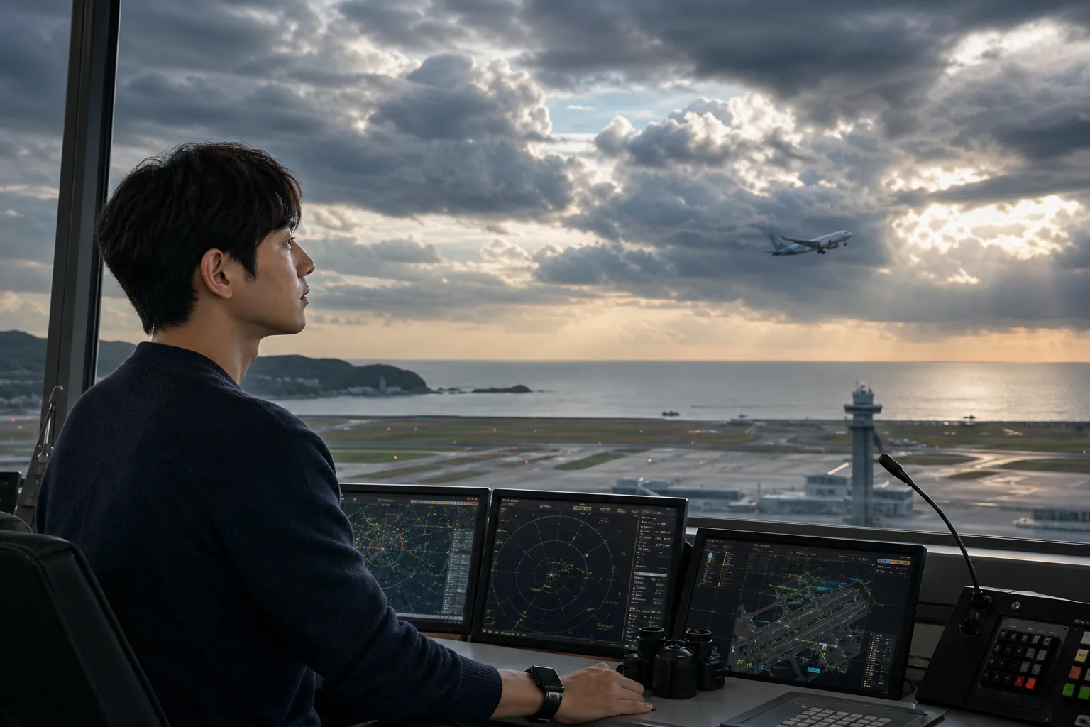 Air traffic control tower and storm clouds representing Love Cloud drama premise
