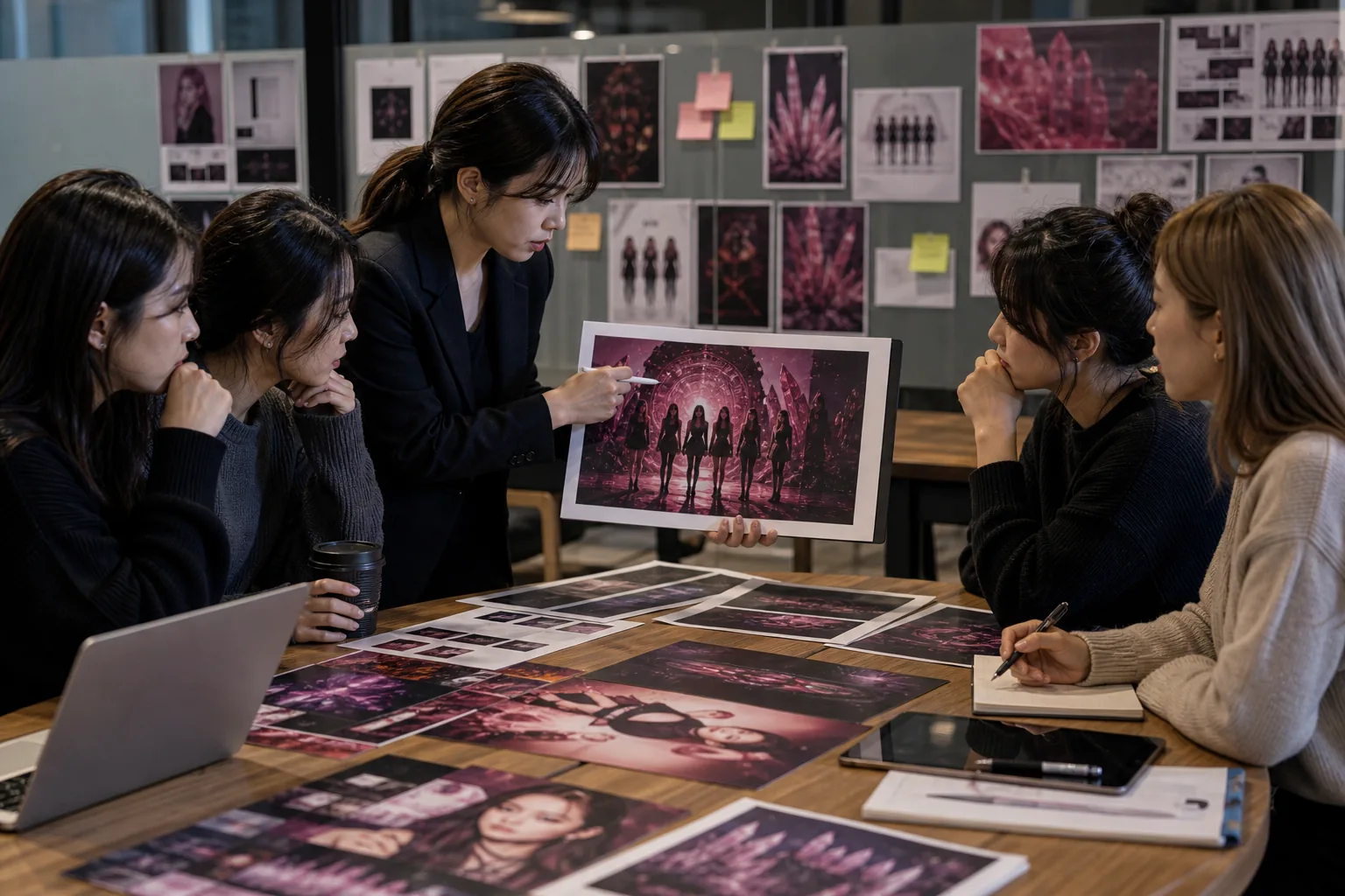 K-pop creative team reviewing promotional artwork amid AI debate