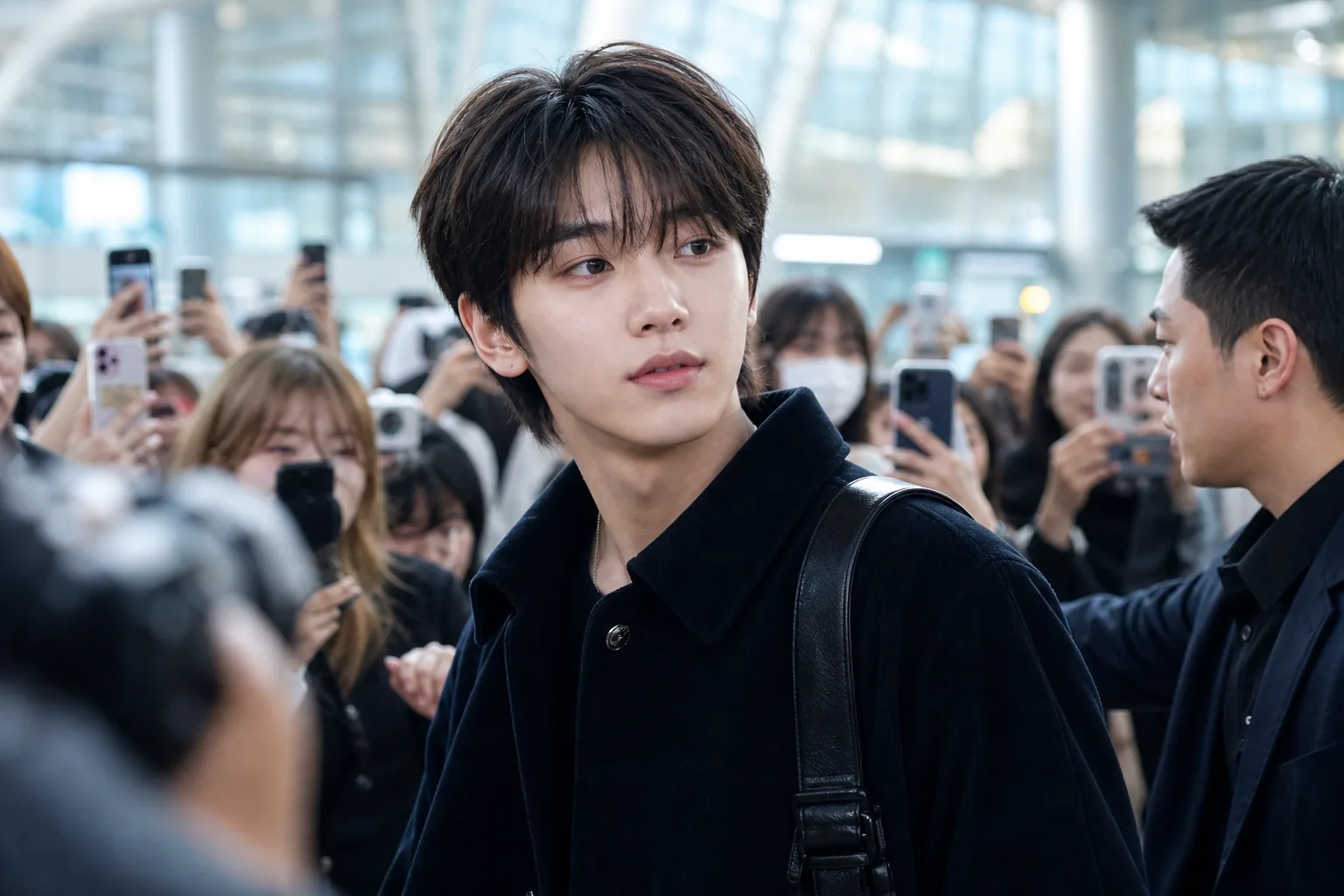 K-pop idol airport fashion scene with fans and cameras
