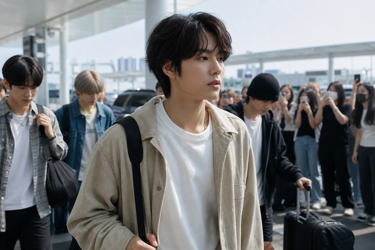Modern K-pop fan meeting travel atmosphere between Korea and Japan