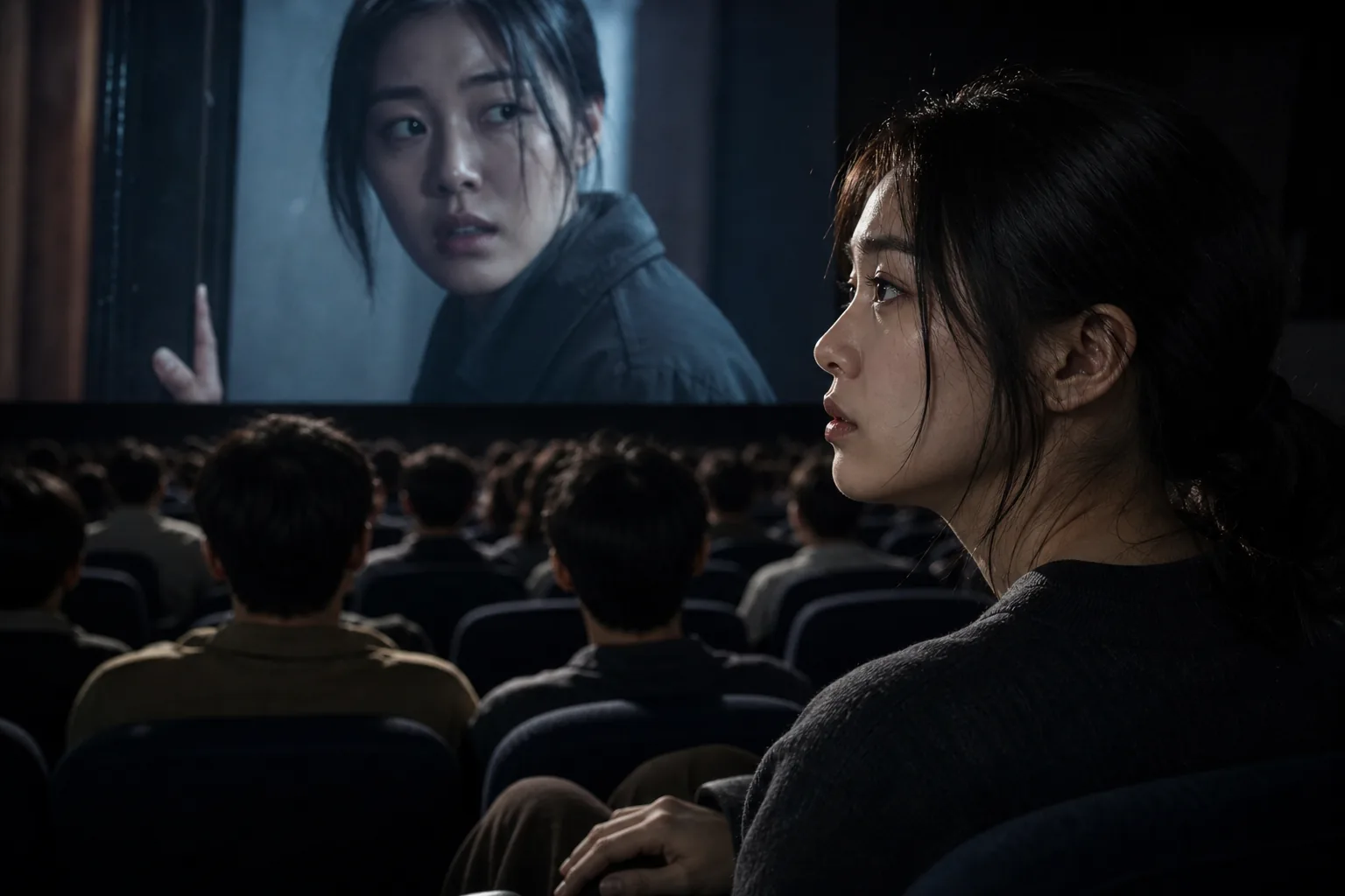 Suspense thriller cinema audience watching a Korean film