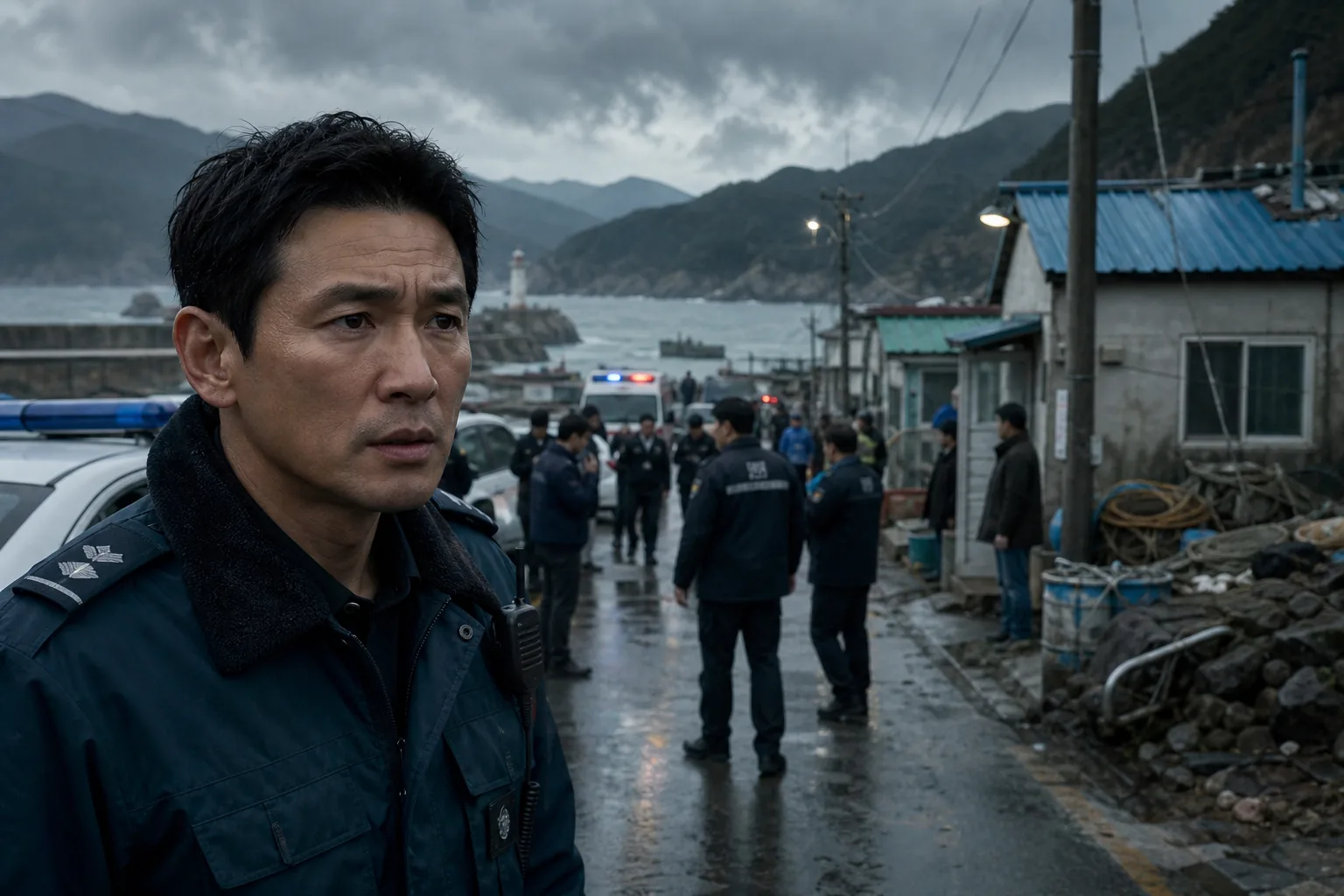 AI editorial image of a tense coastal village police emergency inspired by Korean film HOPE