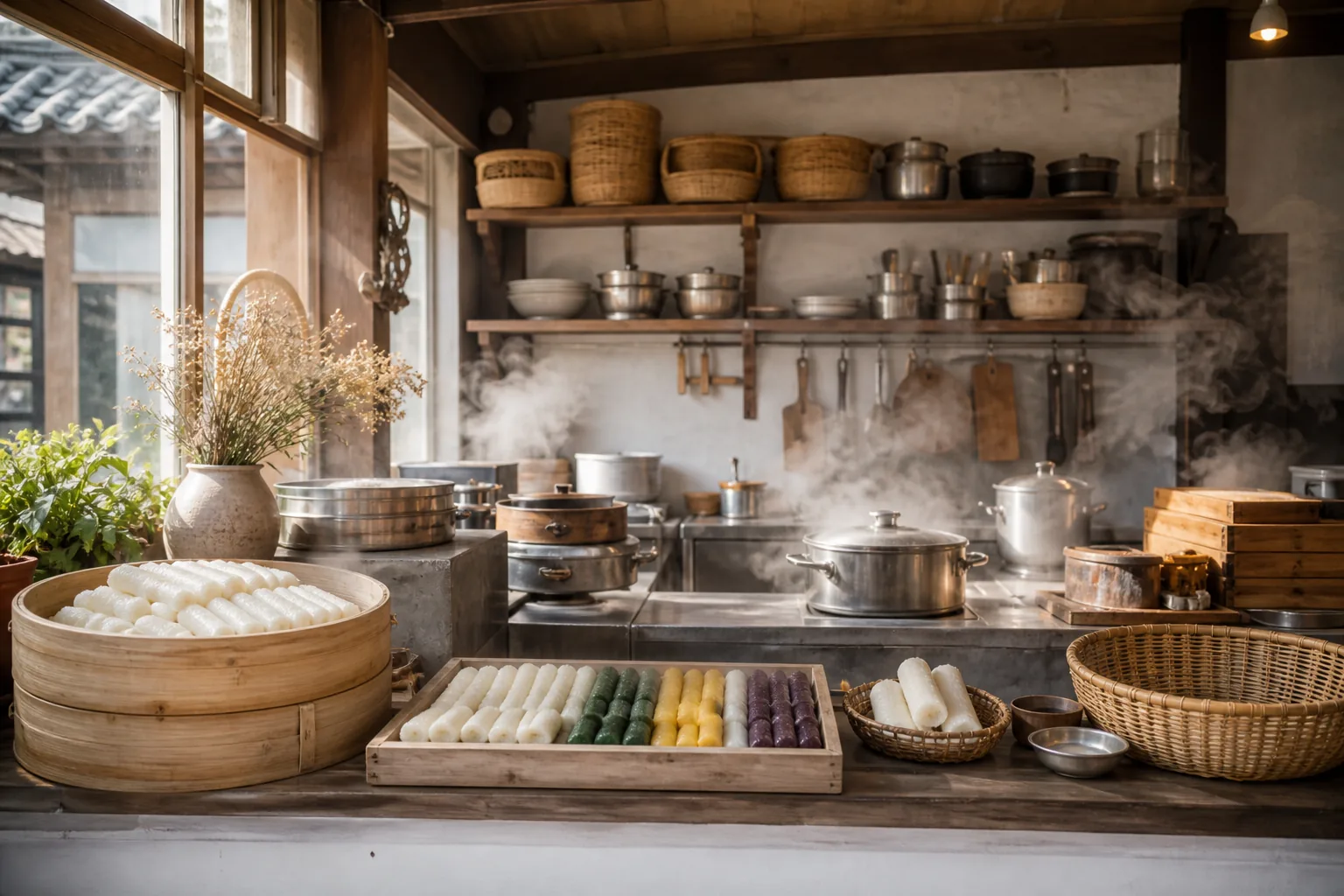 Steam-filled Korean rice cake kitchen inspired by Space Rice Cake variety show