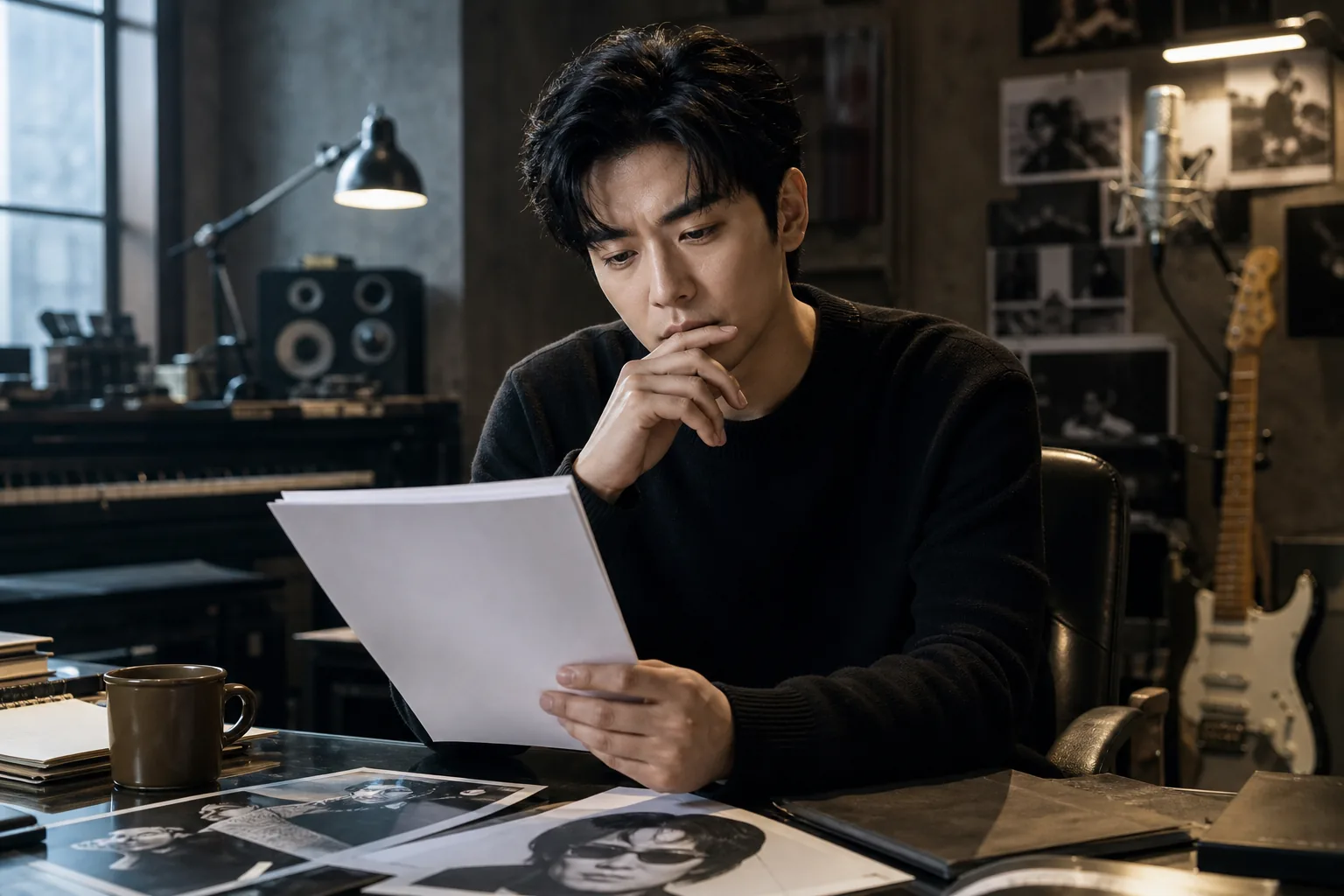 Actor reviewing a Korean musician biopic script in a film studio setting