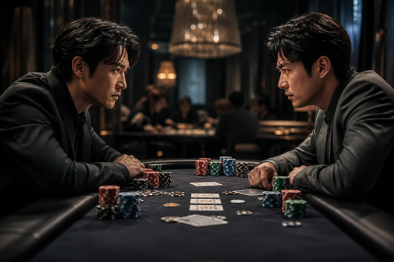 Two rivals facing each other across a cinematic poker table
