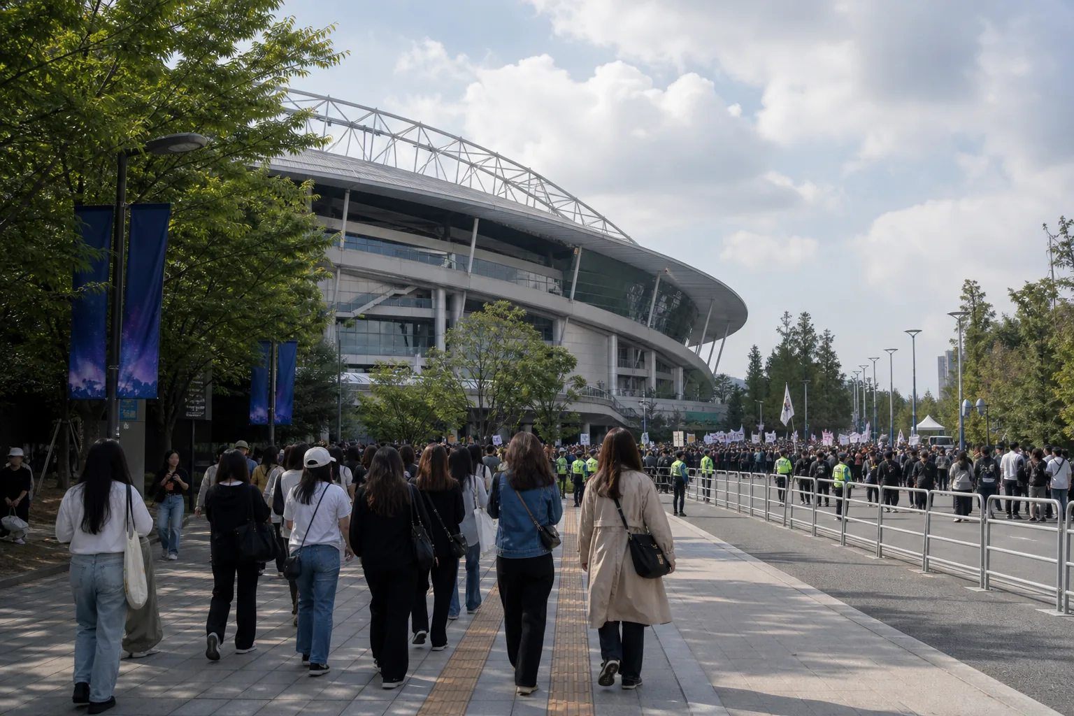 Fans approaching a Seoul indoor concert venue after a last minute venue change