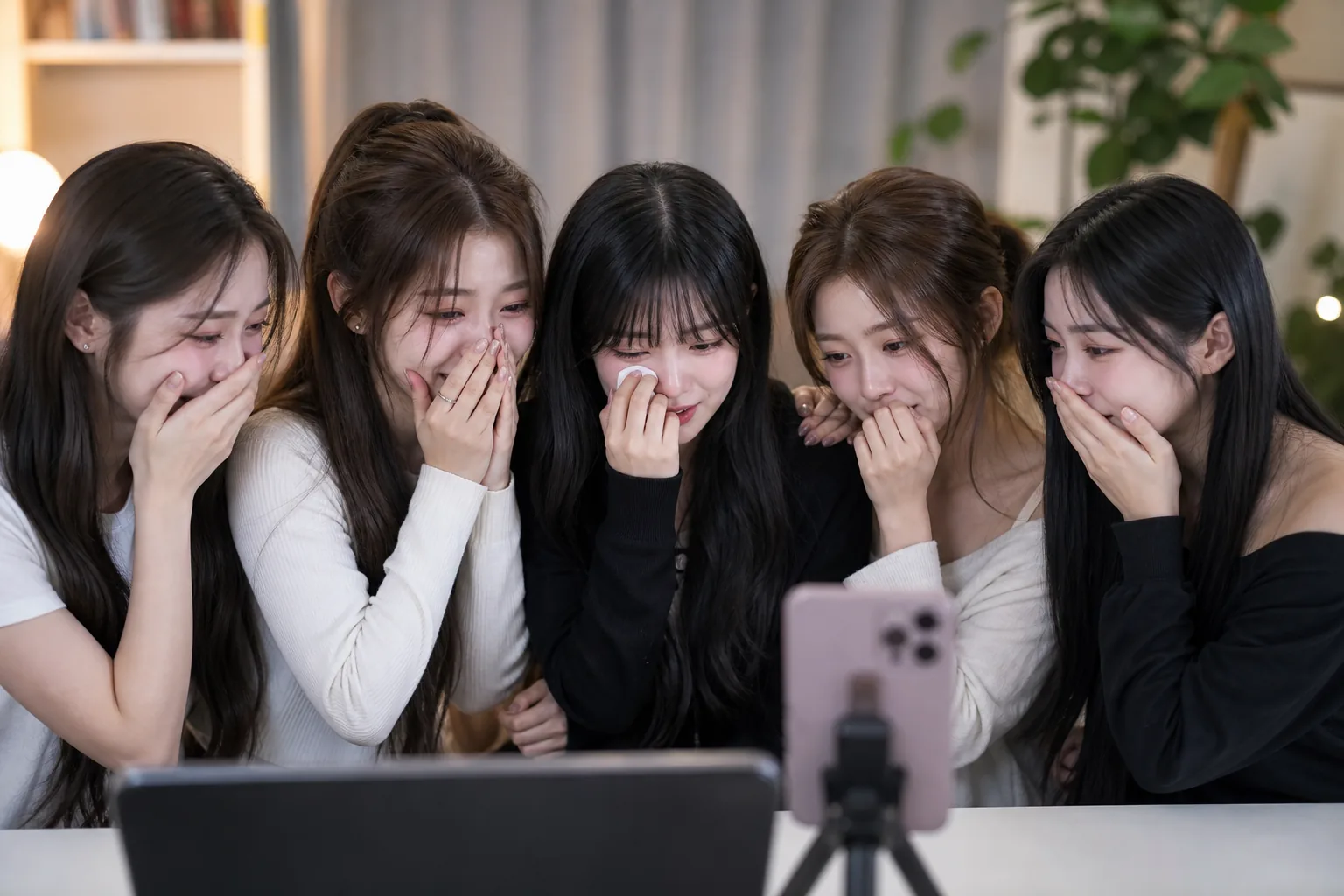 K-pop group emotional livestream after chart success