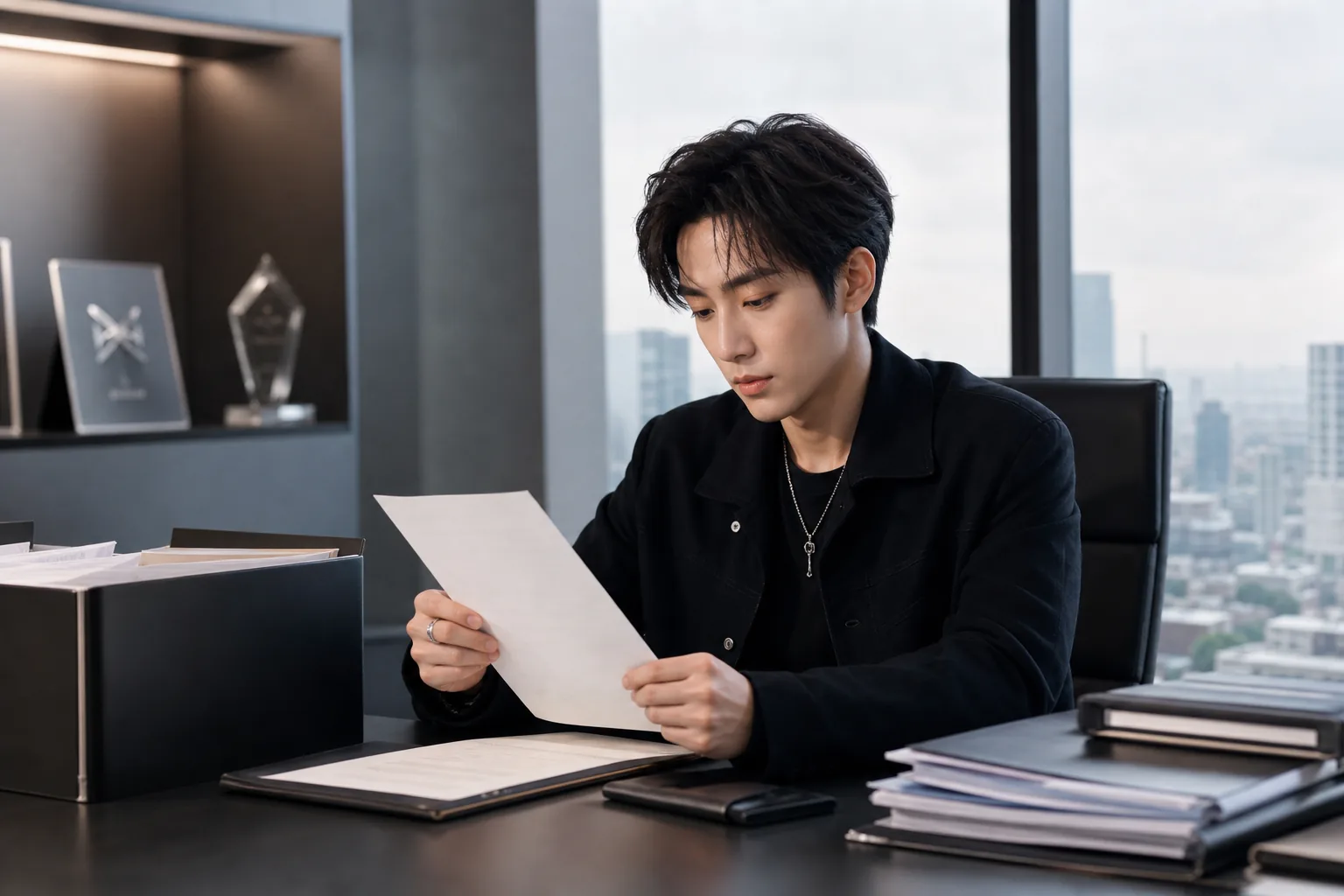 K-pop agency office representing contract changes for an idol group member