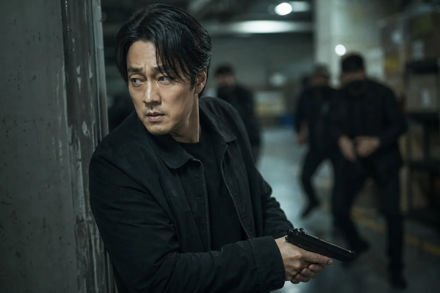 Korean drama action scene concept showing a middle-aged father hero