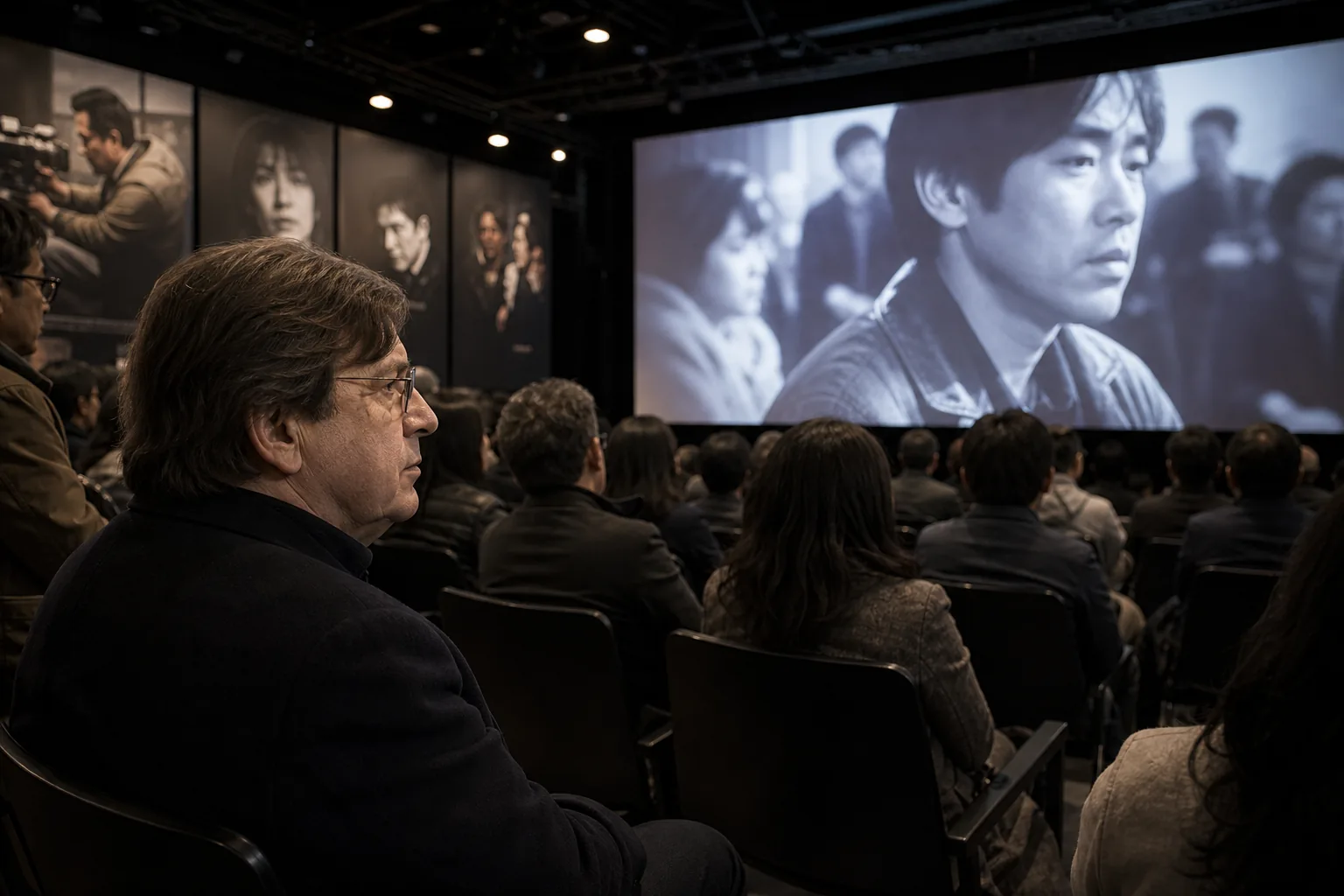 Film festival screening room symbolizing Tony Rayns introducing Korean cinema abroad
