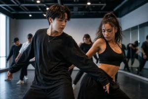 Editorial image representing a K-pop dance studio and social media fandom discussion