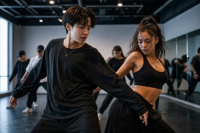 Editorial image representing a K-pop dance studio and social media fandom discussion