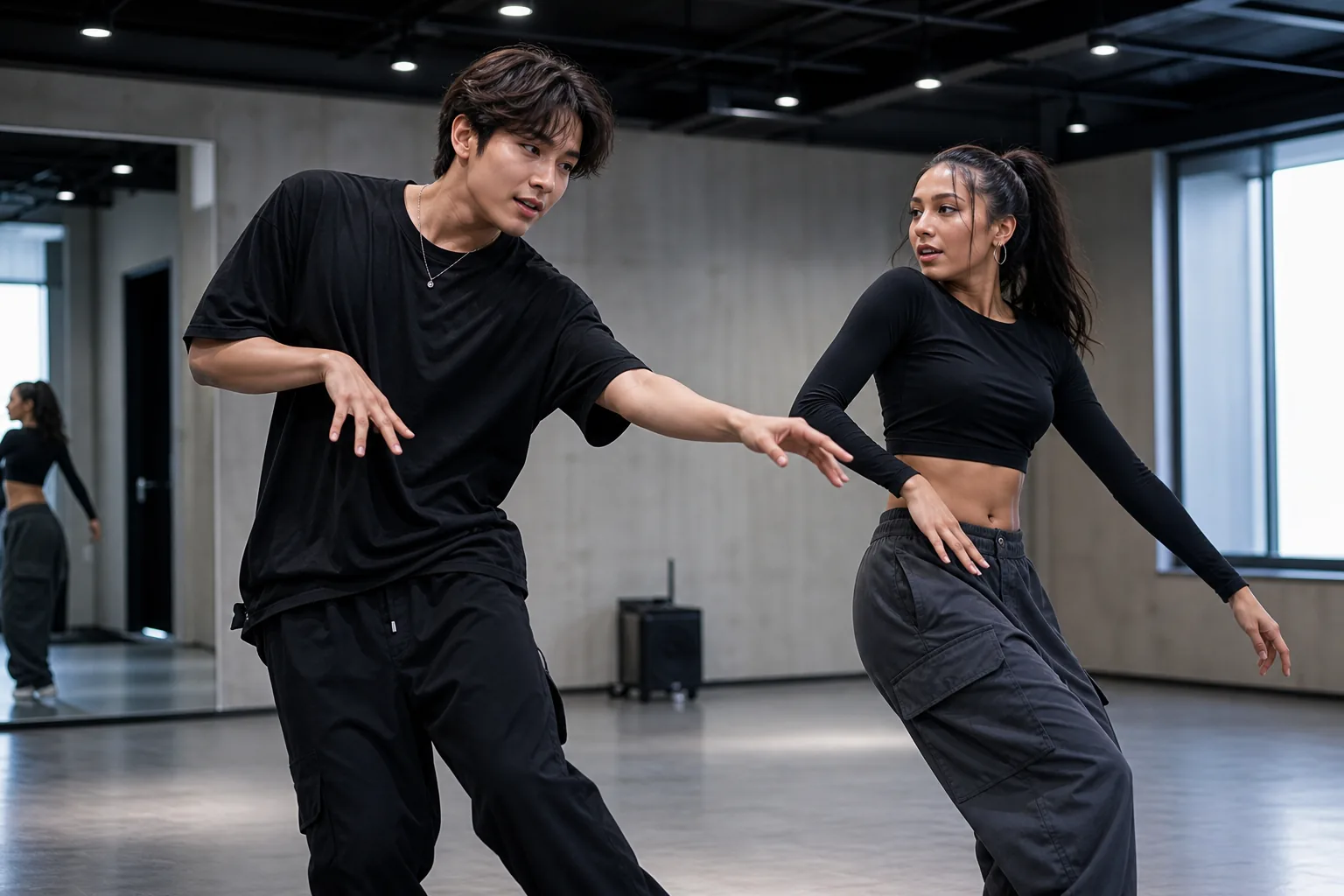 AI-generated K-pop dance rehearsal studio representing J-Hope and Alyssa Santos collaboration context