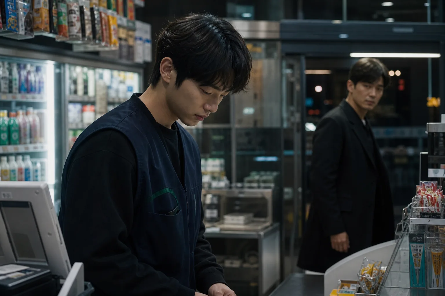 Convenience store night shift representing Lee Jun Young's early career hardship