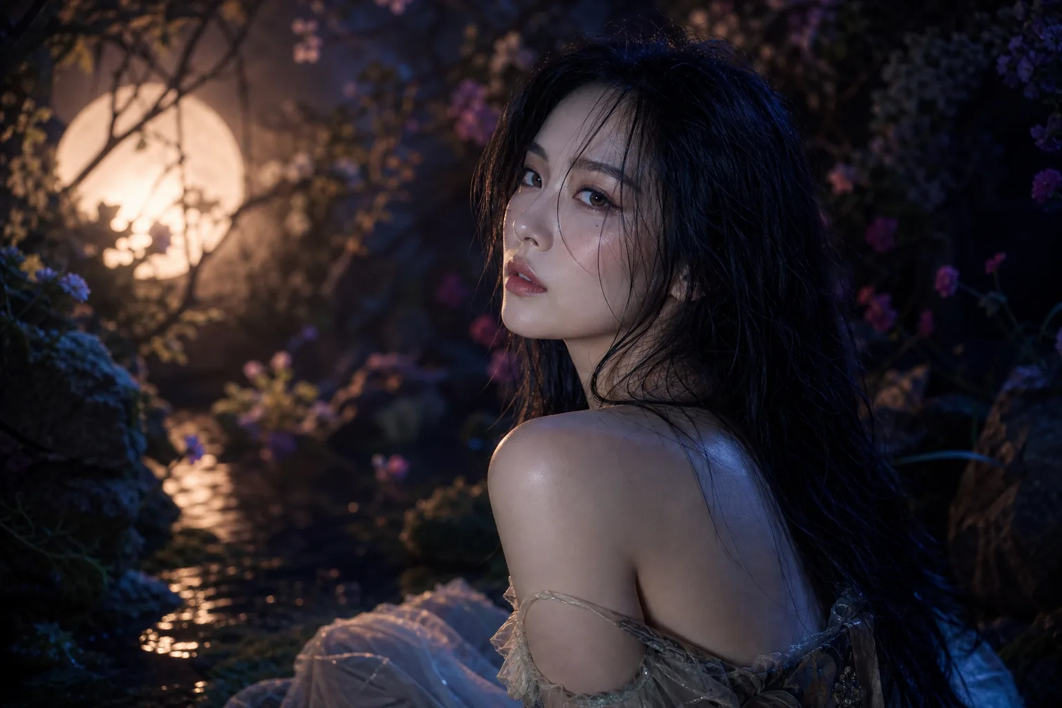 Nighttime fantasy concept image reflecting the contrasting moods of Sunmi's Forever July teasers