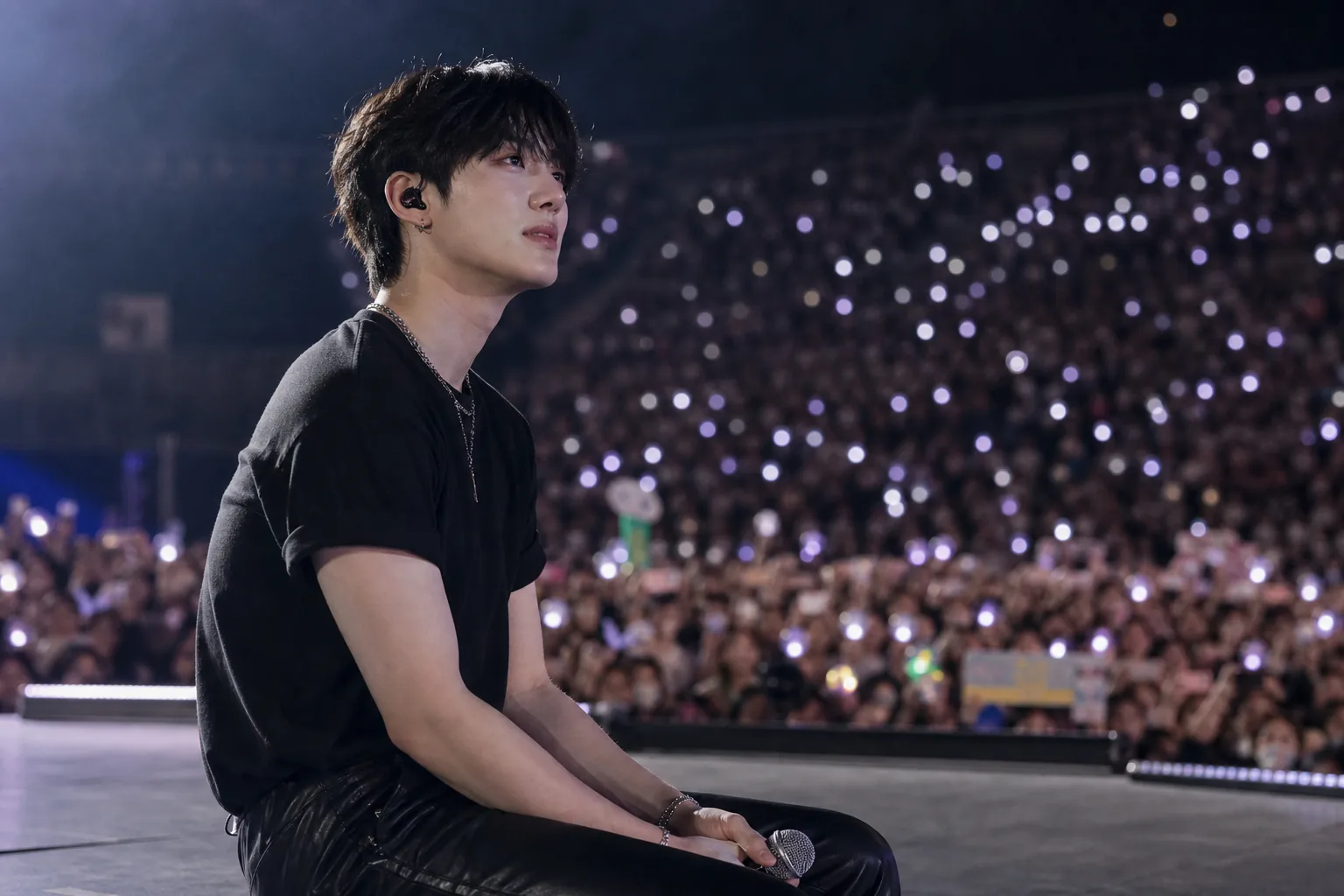 K-pop fandom support messages and concert lights representing ATINY reaction